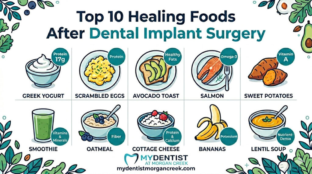 infographic of to 10 healing foods to eat after a dental implant procedure