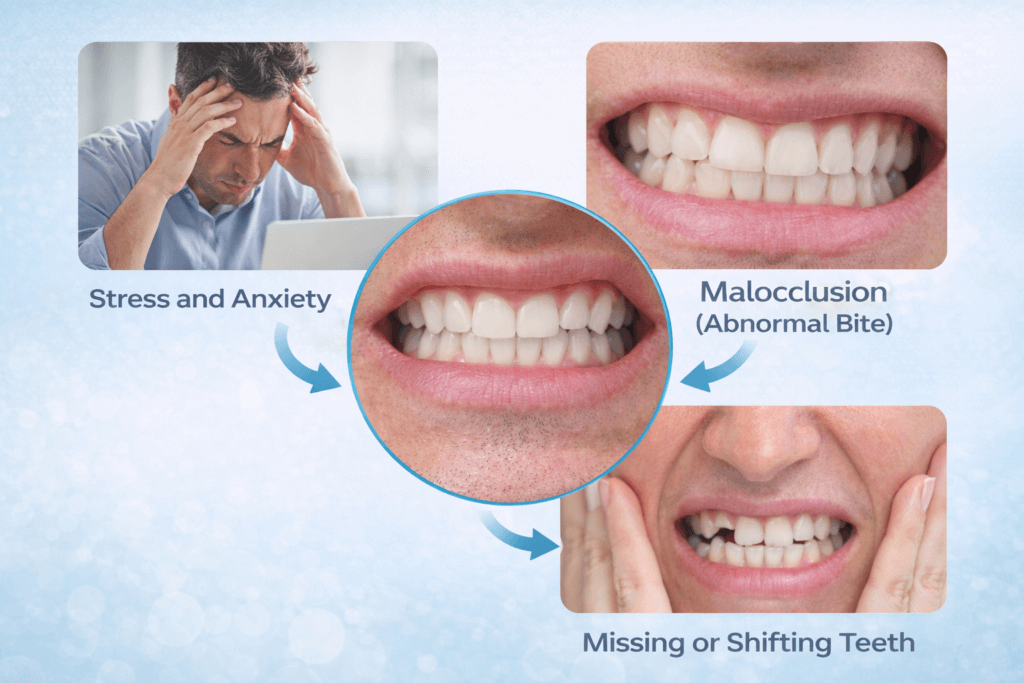 the three main factors of teeth grinding: stress/anxiety, malocclusion, and missing or shifting teeth