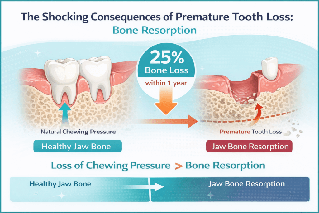 This illustration shows how losing a baby tooth too early can lead to jawbone shrinkage, comparing a healthy jaw supported by chewing pressure to bone resorption that can cause up to 25% bone loss within the first year.