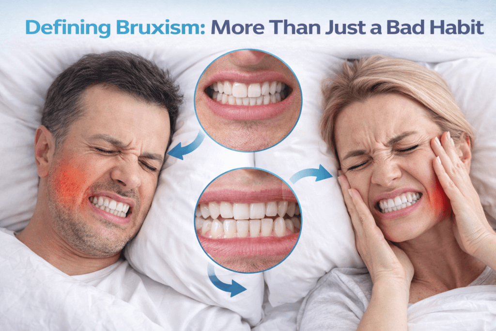 a man and a woman in bed clenching their teeth and feeling pain in their jaw area 