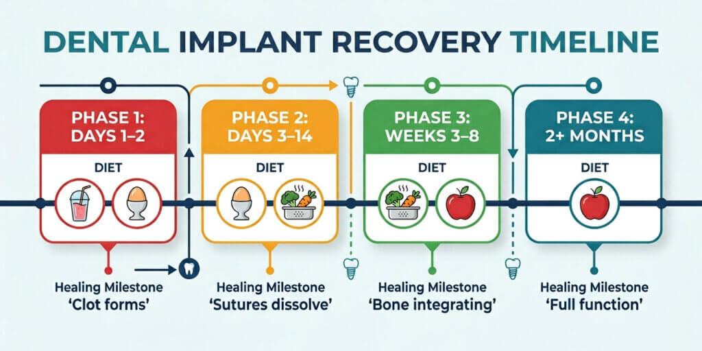 infographic of dental implant recovery timeline and the types of foods that should be eaten at each stage