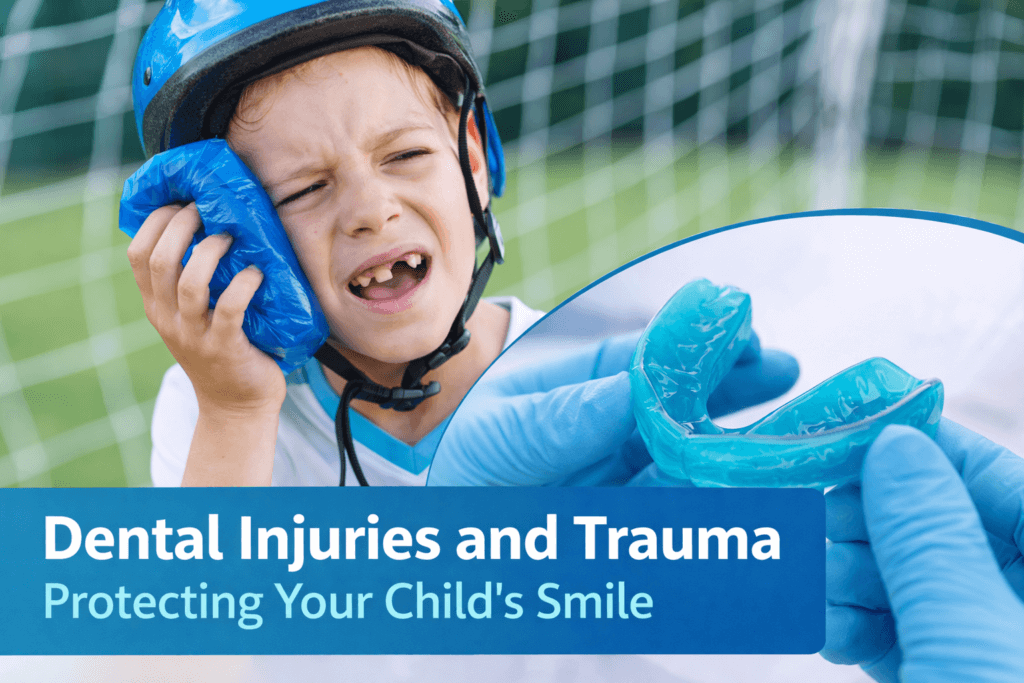 A young child wearing a sports helmet holds an ice pack to his cheek after a dental injury, while a dentist displays a custom-fitted mouthguard, highlighting the importance of protecting children’s teeth during active play and sports.
