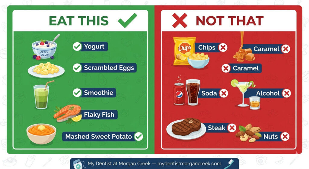 infographic of foods to eat and not to eat after a dental implant procedure