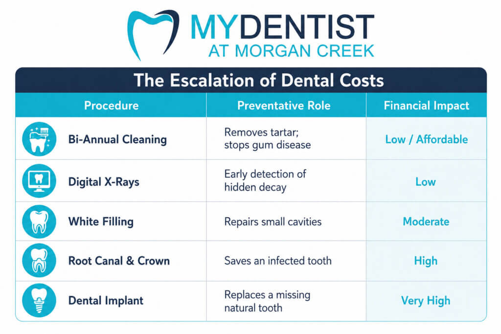 a table of escalating dental costs according to procedure and preventative role