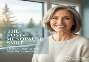 a post-menopausal aged woman wearing a white sweater showing us her healthy smile