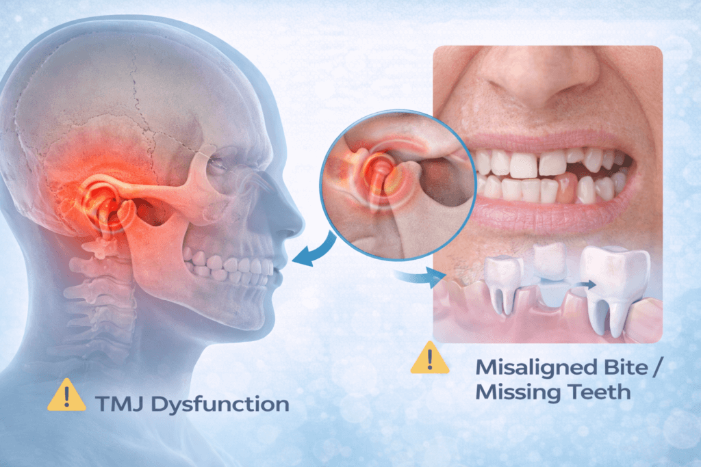A medical illustration shows a side profile of a head with the jaw joint highlighted in red to represent TMJ dysfunction, alongside close-up images of jaw pain and shifting teeth caused by a misaligned bite and missing teeth.