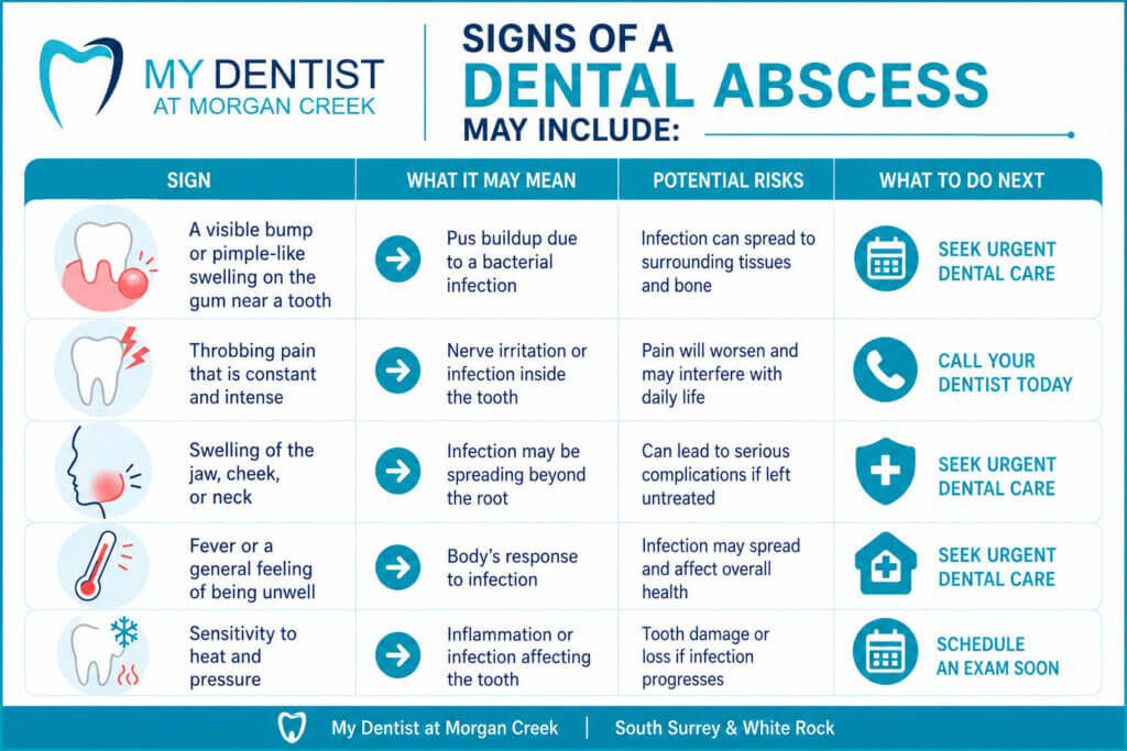 a table of signs of dental abscess, the potential risks and what to do